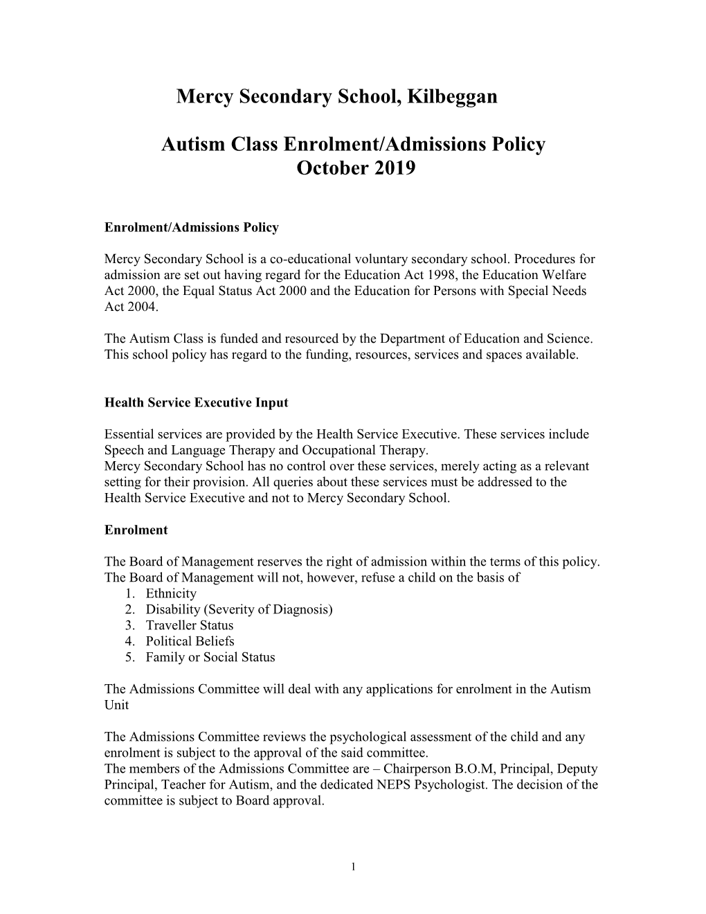Autism Class Admissions Policy 2019