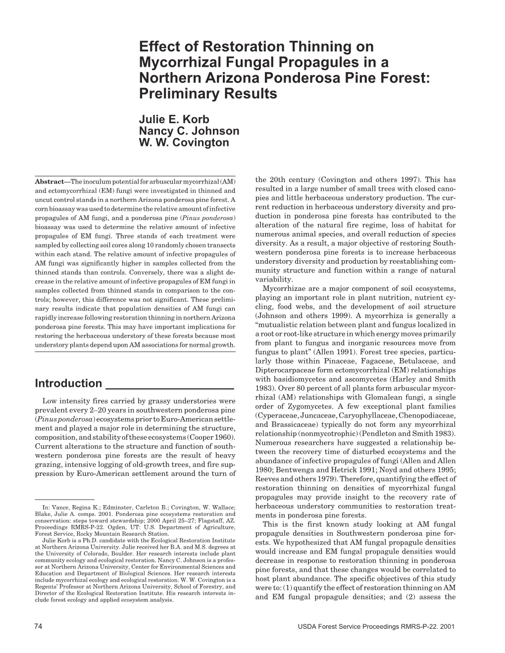 Ponderosa Pine Ecosystems Restoration and Ments in Ponderosa Pine Forests