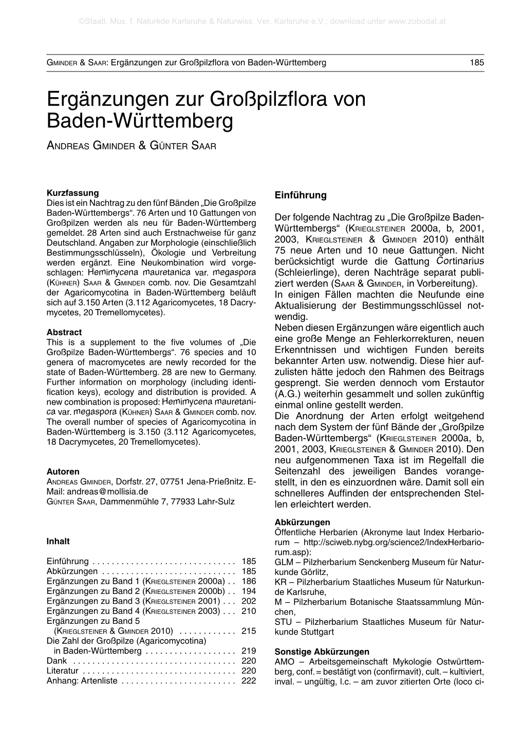 Ergänzungen Zur Großpilzflora Von Baden-Württemberg 185