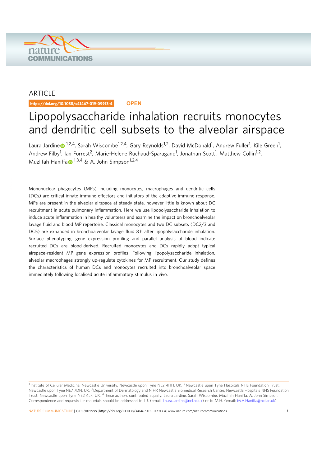 Lipopolysaccharide Inhalation Recruits Monocytes and Dendritic Cell Subsets to the Alveolar Airspace