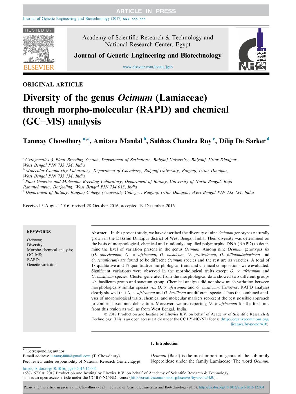 Diversity of the Genus Ocimum (Lamiaceae) Through Morpho-Molecular (RAPD) and Chemical (Gcв€“MS) Analysis