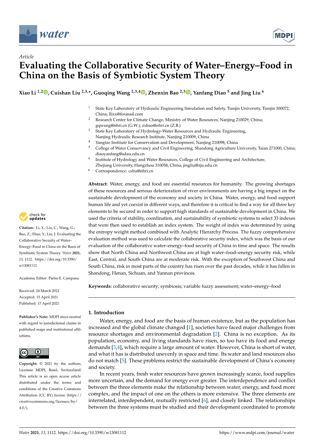 Evaluating the Collaborative Security of Water–Energy–Food in China on the Basis of Symbiotic System Theory