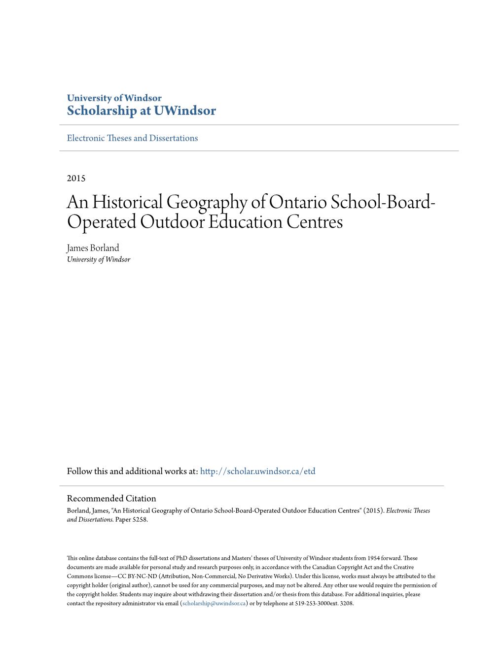 An Historical Geography of Ontario School-Board-Operated Outdoor Education Centres" (2015)