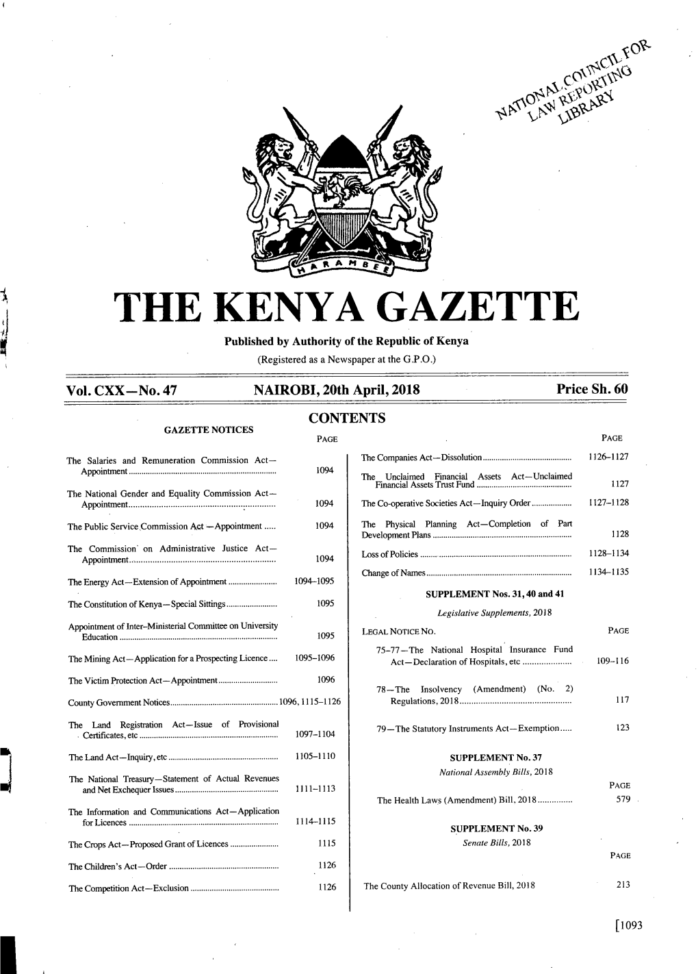 THE KENYA GAZETTE Published by Authority of the Republic of Kenya (Registered As a Newspaper at the G.P.O.)