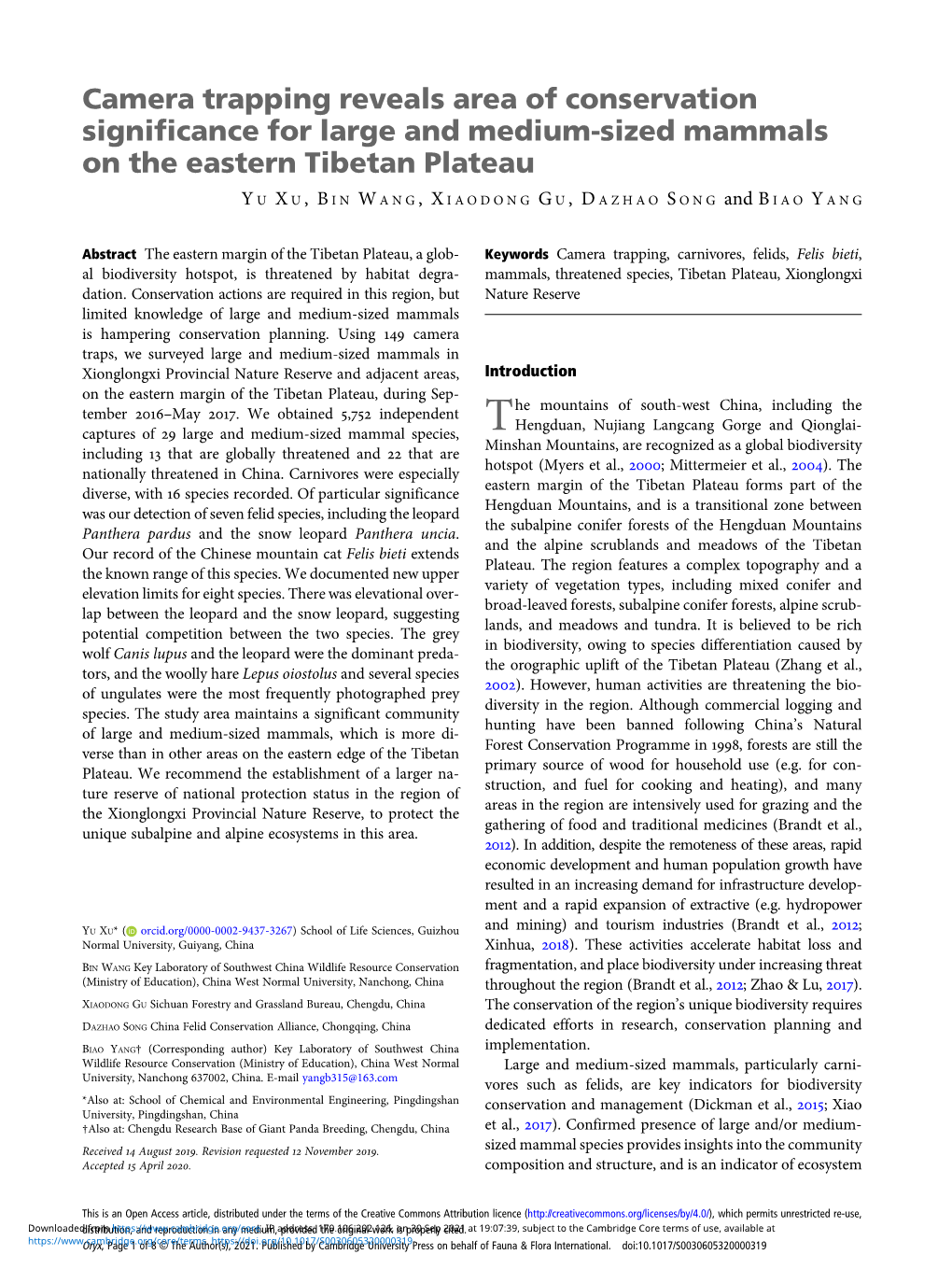 Camera Trapping Reveals Area of Conservation Significance for Large and Medium-Sized Mammals on the Eastern Tibetan Plateau