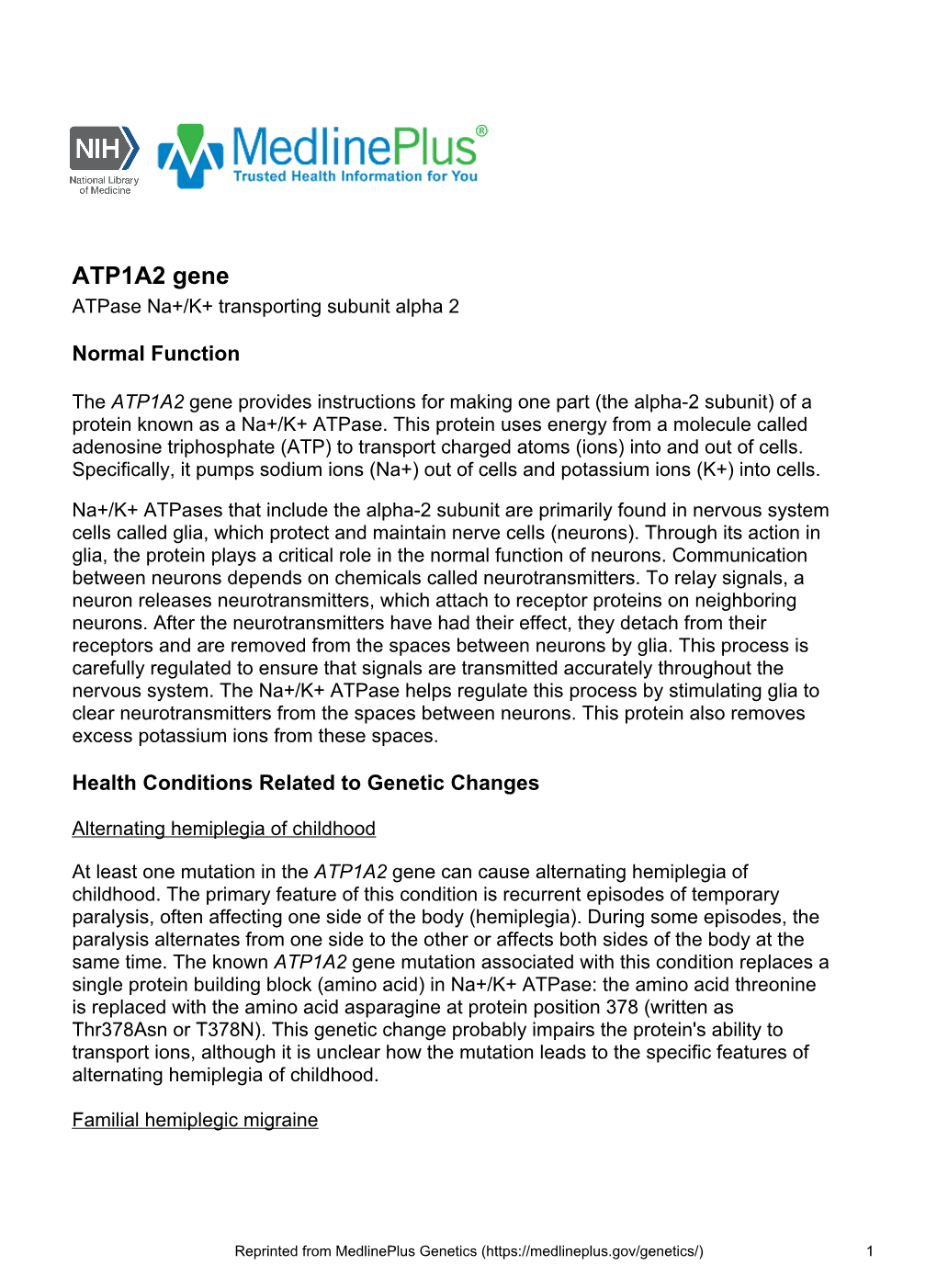 ATP1A2 Gene Atpase Na+/K+ Transporting Subunit Alpha 2