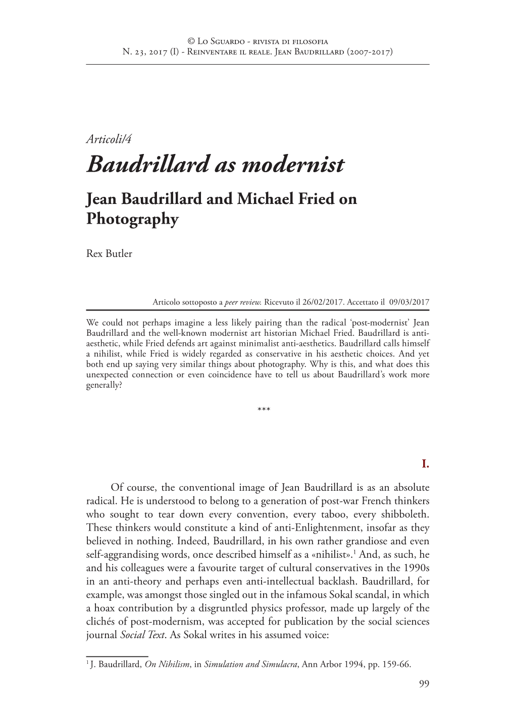 Baudrillard As Modernist Jean Baudrillard and Michael Fried on Photography