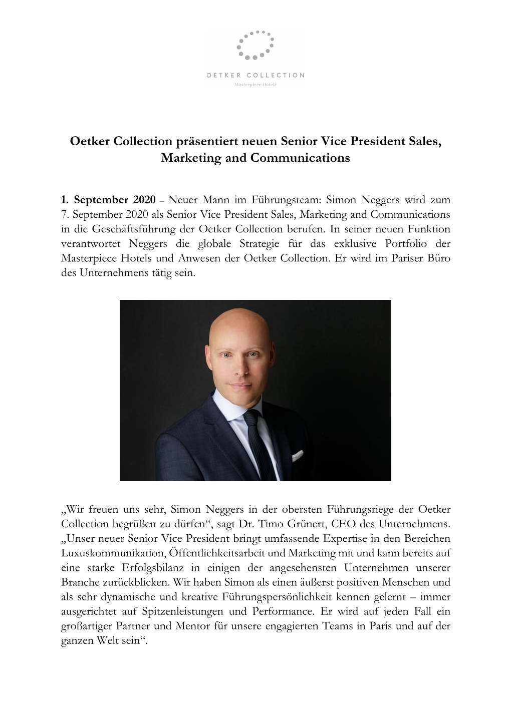 Oetker Collection Präsentiert Neuen Senior Vice President Sales, Marketing and Communications