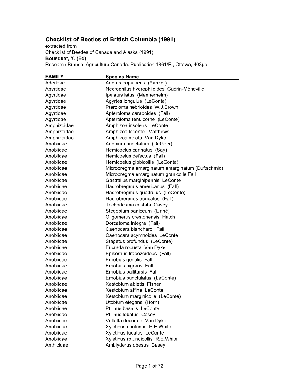 Checklist of Beetles of British Columbia (1991) Extracted from Checklist of Beetles of Canada and Alaska (1991) Bousquet, Y