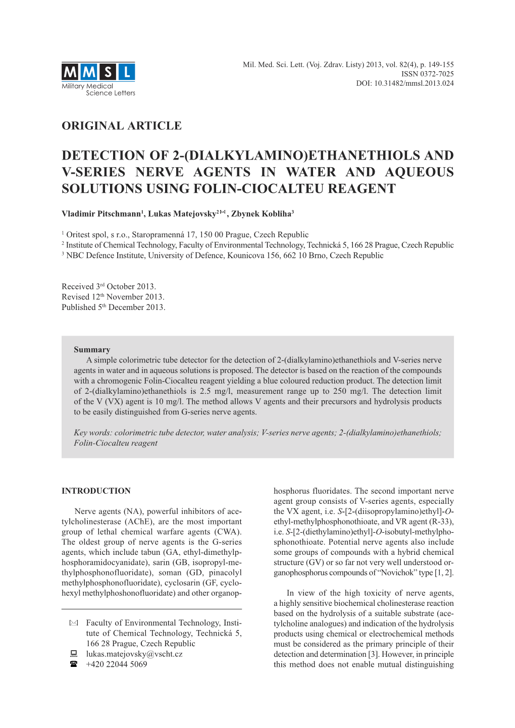 (Dialkylamino)Ethanethiols and V-Series Nerve Agents in Water and Aqueous Solutions Using Folin-Ciocalteu Reagent