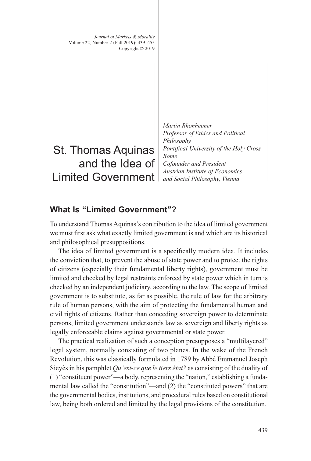 St. Thomas Aquinas and the Idea of Limited Government Legibus Solutus)