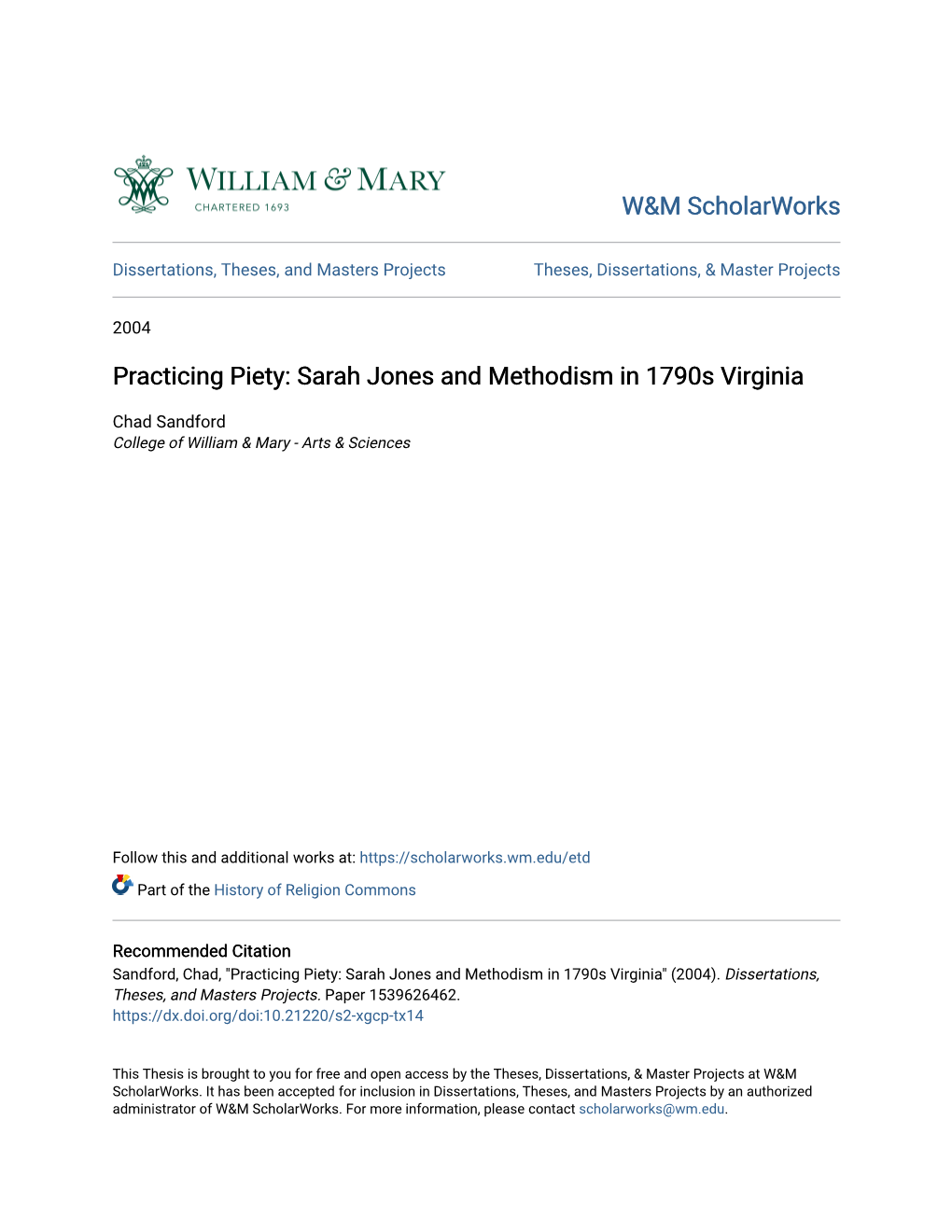 Practicing Piety: Sarah Jones and Methodism in 1790S Virginia