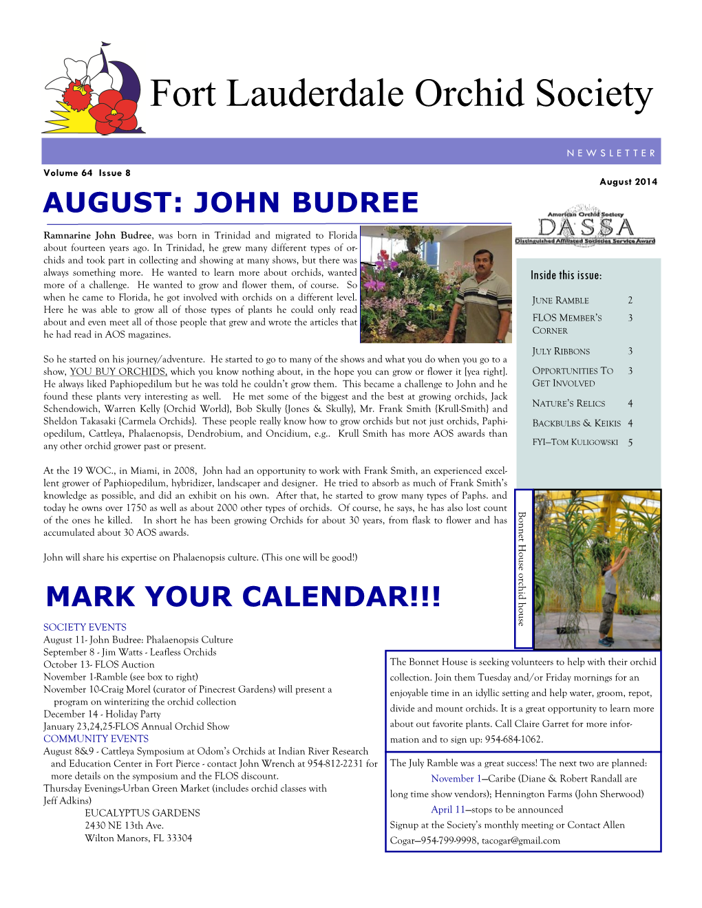 August 2014 AUGUST: JOHN BUDREE