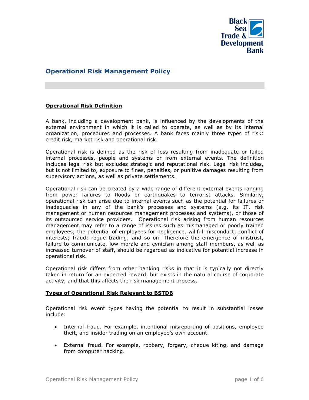Operational Risk Management Policy