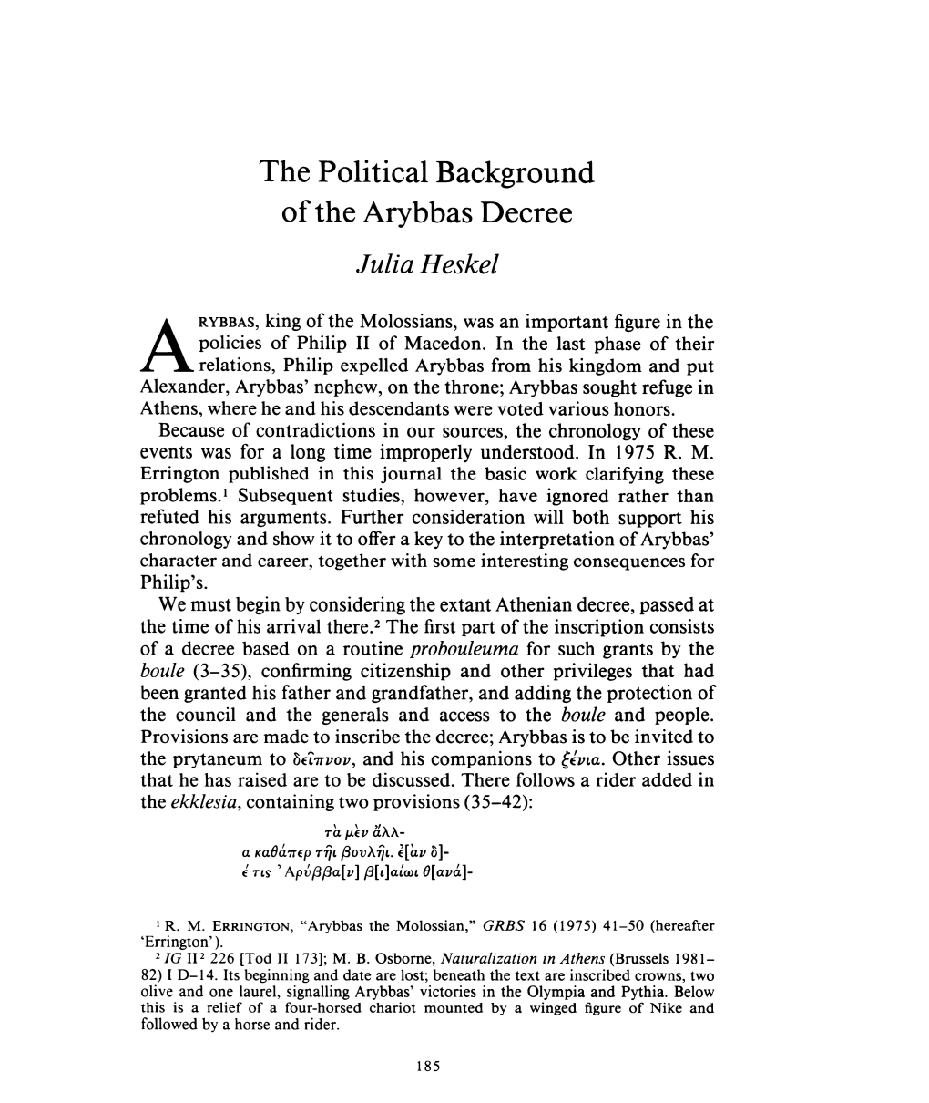 The Political Background of the Arybbas Decree , Greek, Roman and Byzantine Studies, 29:2 (1988:Summer) P.185