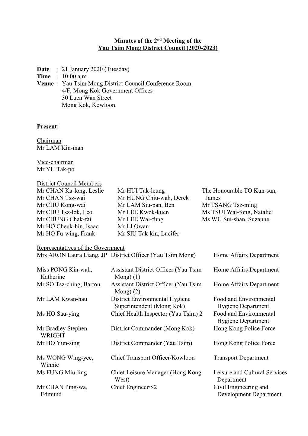 Minutes of the 2Nd Meeting of the Yau Tsim Mong District Council (2020-2023)