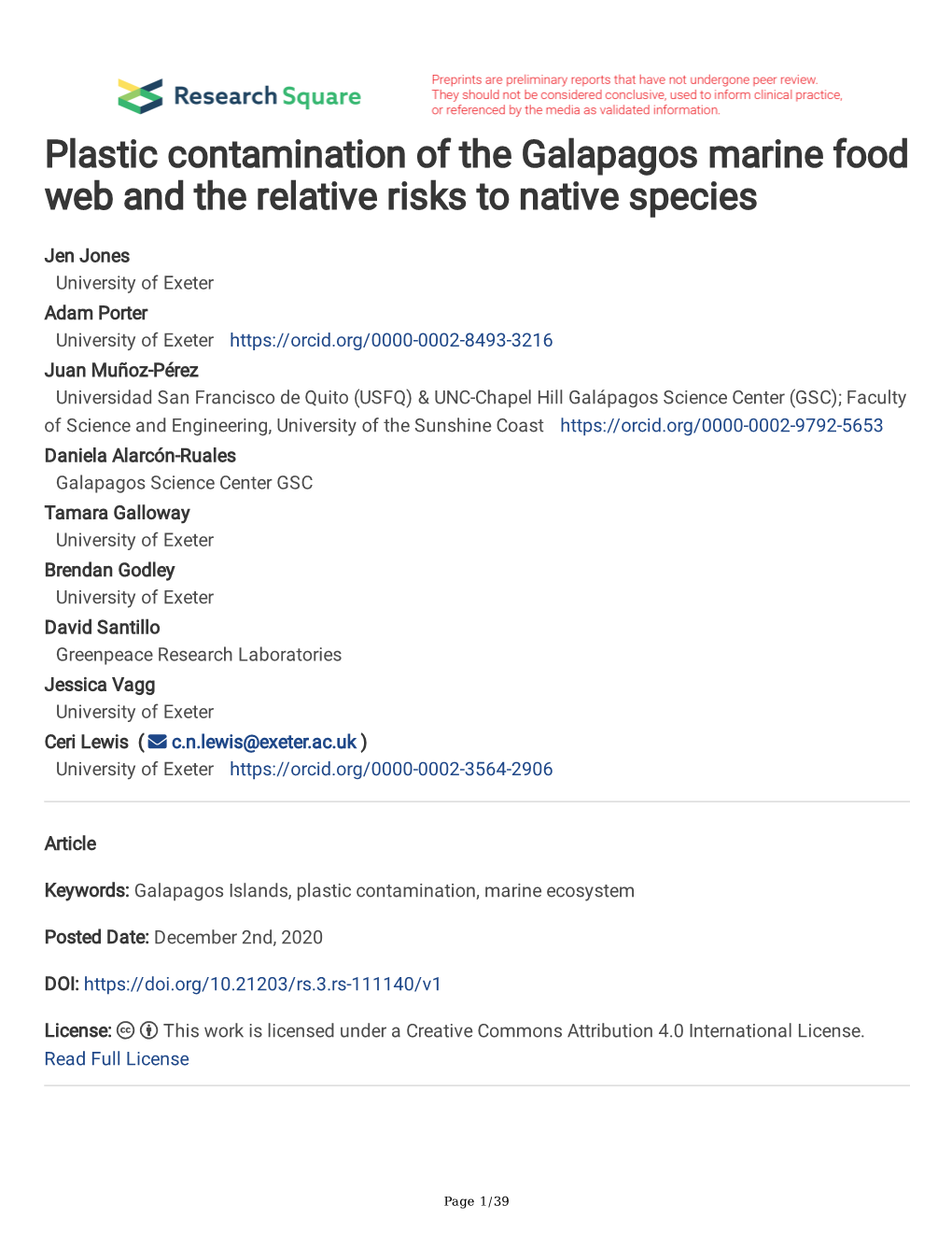 Plastic Contamination of the Galapagos Marine Food Web and the Relative Risks to Native Species