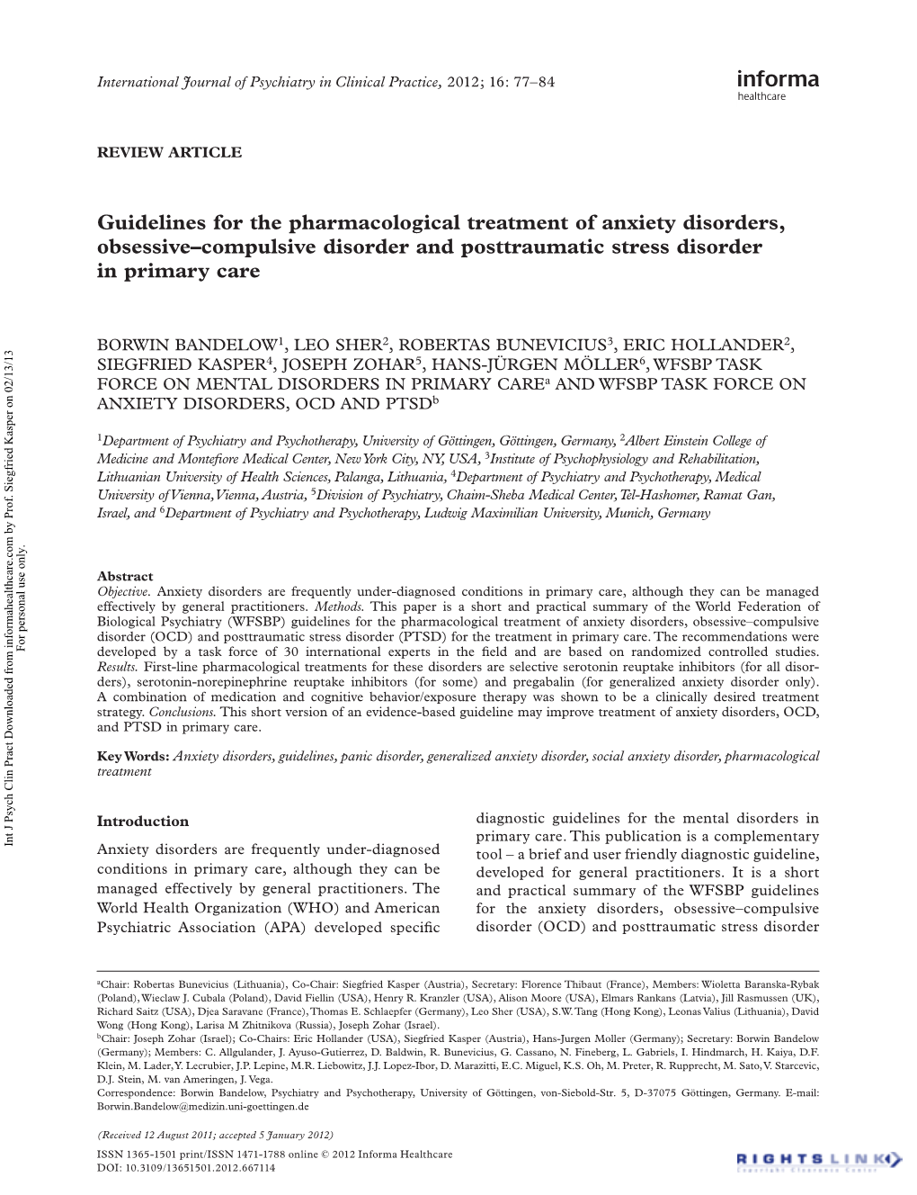 Guidelines for the Pharmacological Treatment of Anxiety Disorders, Obsessive– Compulsive Disorder and Posttraumatic Stress Disorder in Primary Care