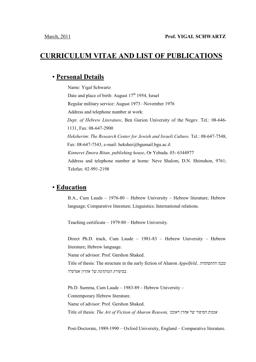 Curriculum Vitae and List of Publications