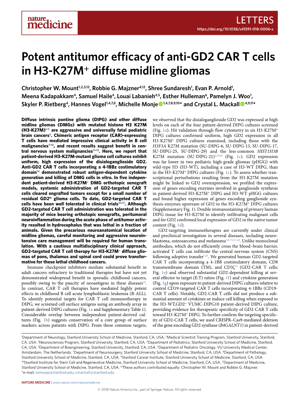 Potent Antitumor Efficacy of Anti-GD2 CAR T Cells in H3-K27M+ Diffuse Midline Gliomas
