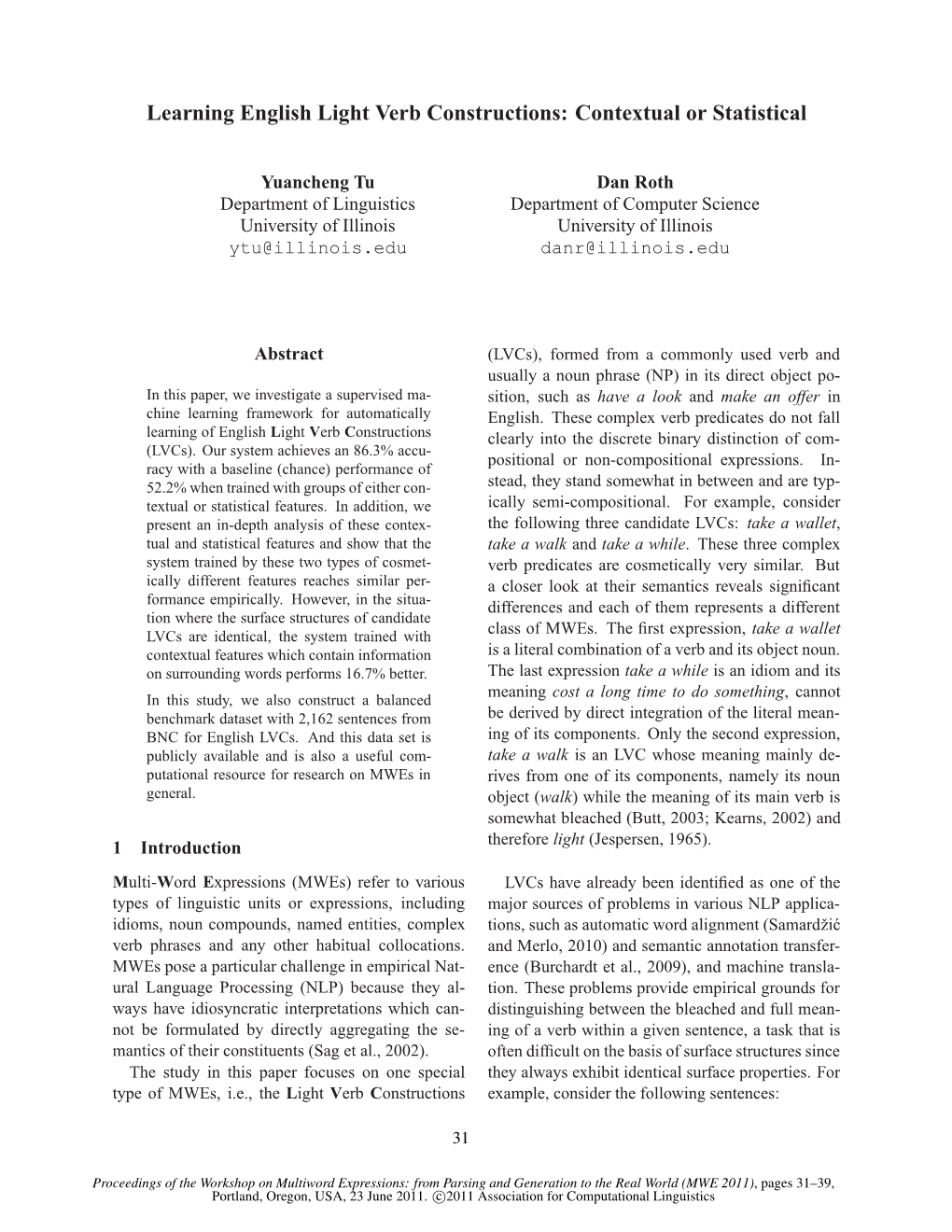 Learning English Light Verb Constructions: Contextual Or Statistical