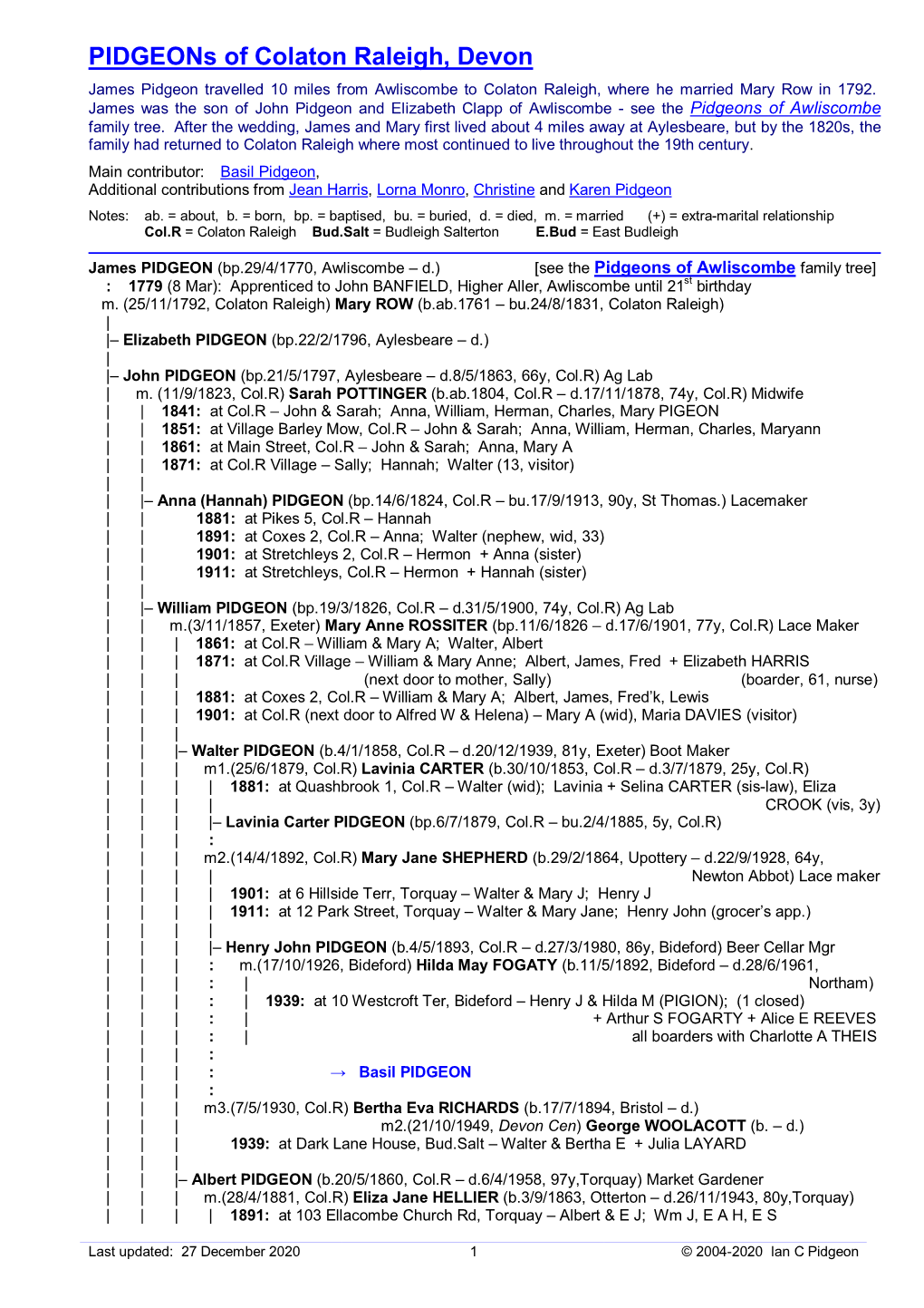 Pidgeons of Colaton Raleigh, Devon James Pidgeon Travelled 10 Miles from Awliscombe to Colaton Raleigh, Where He Married Mary Row in 1792