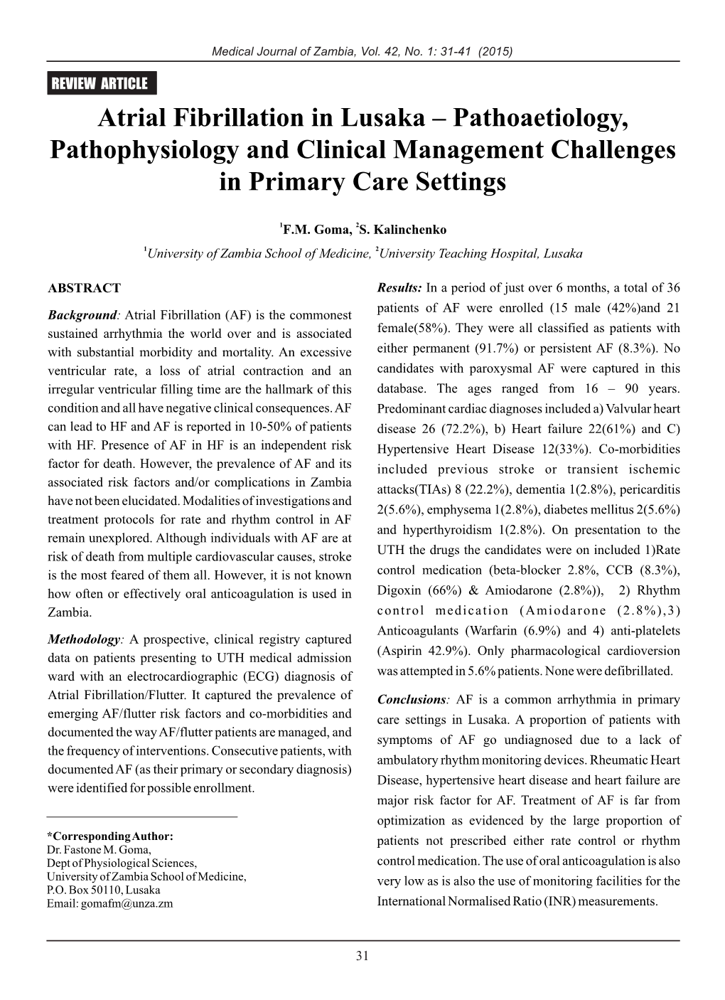 Atrial Fibrillation in Lusaka – Pathoaetiology, Pathophysiology and Clinical Management Challenges in Primary Care Settings.Cd