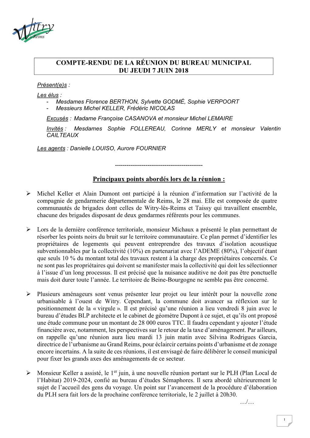 Compte-Rendu De La Réunion Du Bureau Municipal Du Jeudi 7 Juin 2018