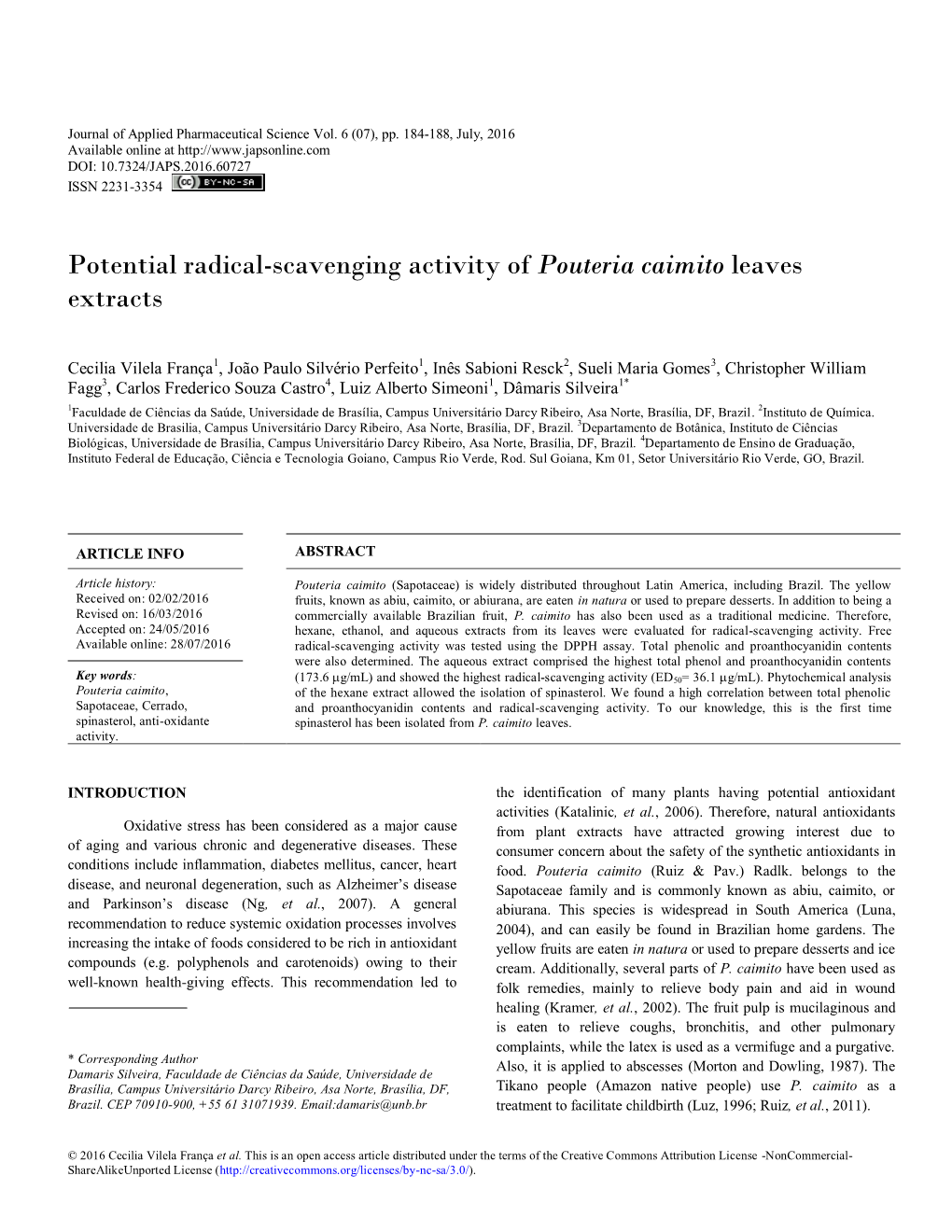 Potential Radical-Scavenging Activity of Pouteria Caimito Leaves Extracts