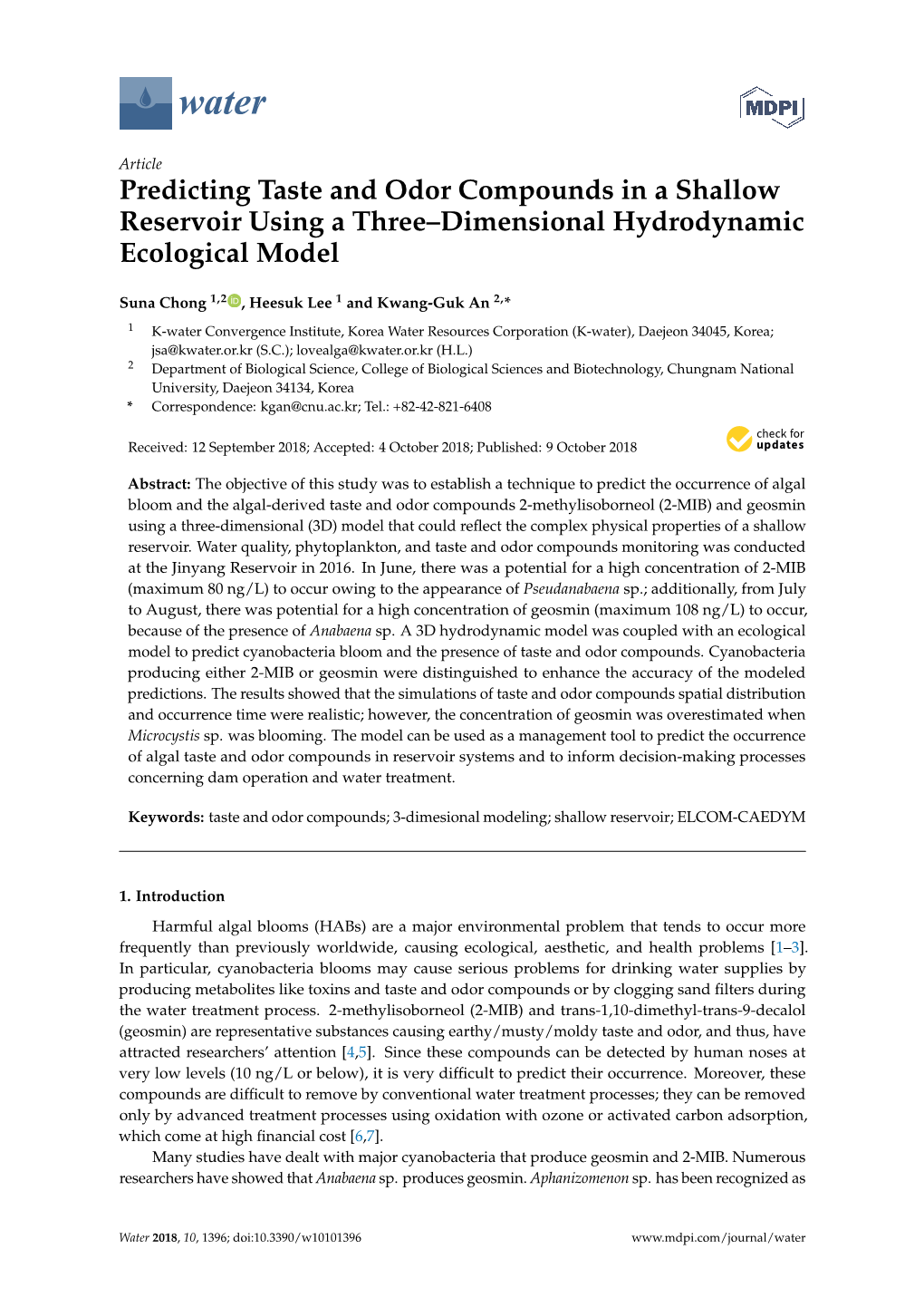 Predicting Taste and Odor Compounds in a Shallow Reservoir Using a Three–Dimensional Hydrodynamic Ecological Model