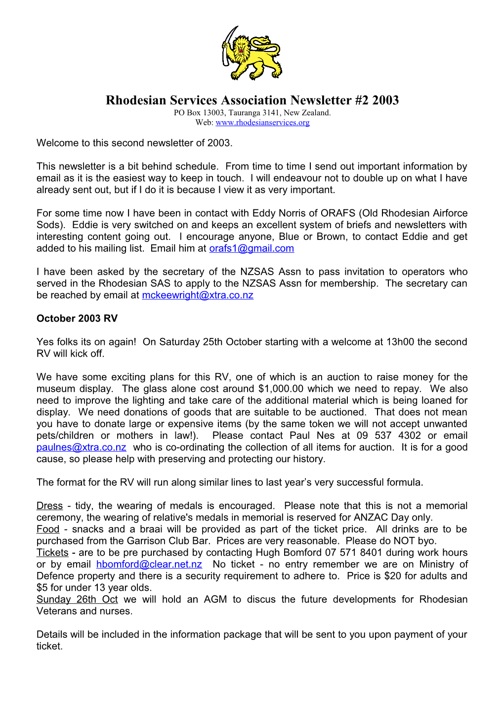 Rhodesian Services Association Newsletter #2 2003