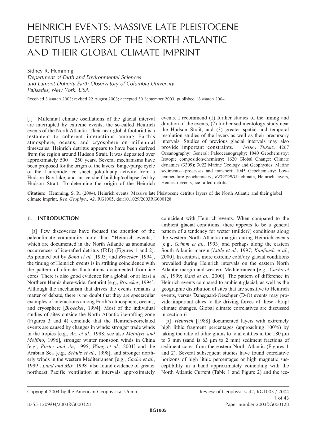 Heinrich Events: Massive Late Pleistocene Detritus Layers of the North Atlantic and Their Global Climate Imprint