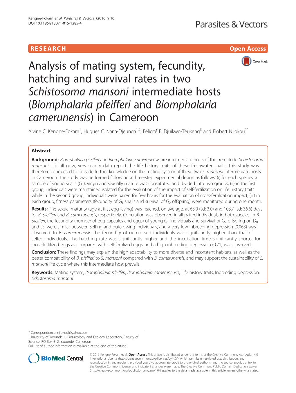 Analysis of Mating System, Fecundity, Hatching and Survival Rates in Two Schistosoma Mansoni Intermediate Hosts (Biomphalaria Pfeifferi and Biomphalaria Camerunensis) in Cameroon