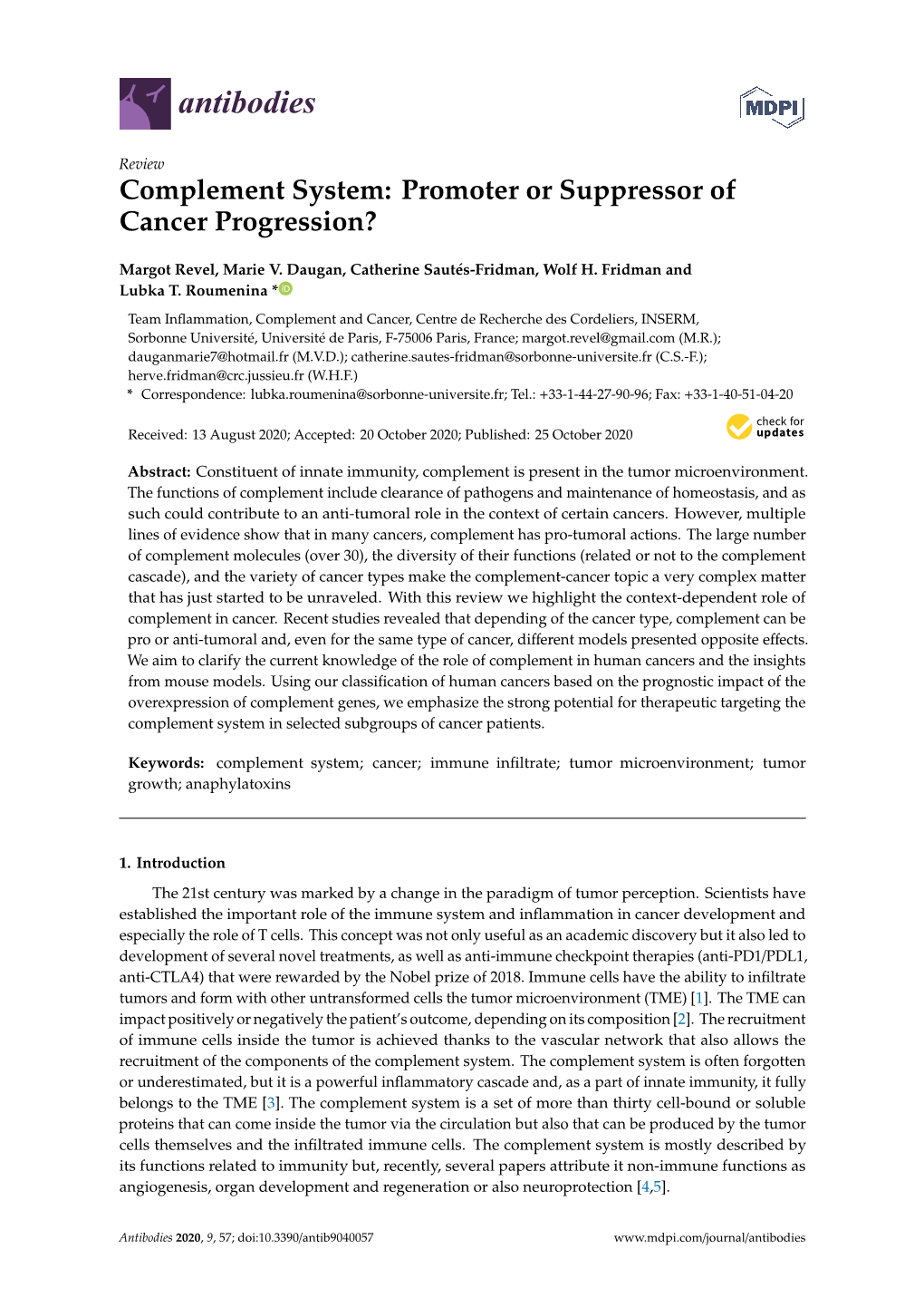 Complement System: Promoter Or Suppressor of Cancer Progression?