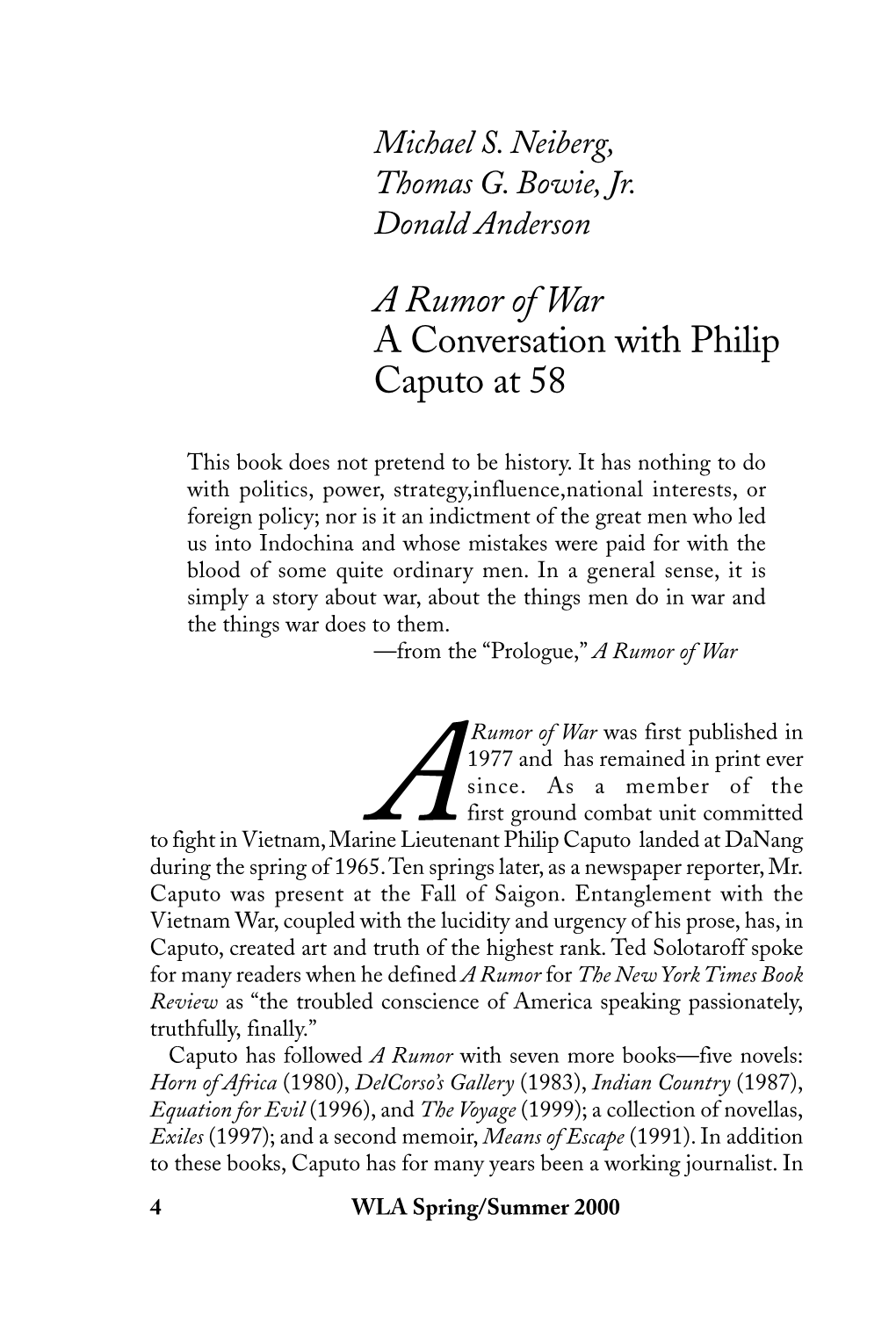 A Rumor of War a Conversation with Philip Caputo at 58