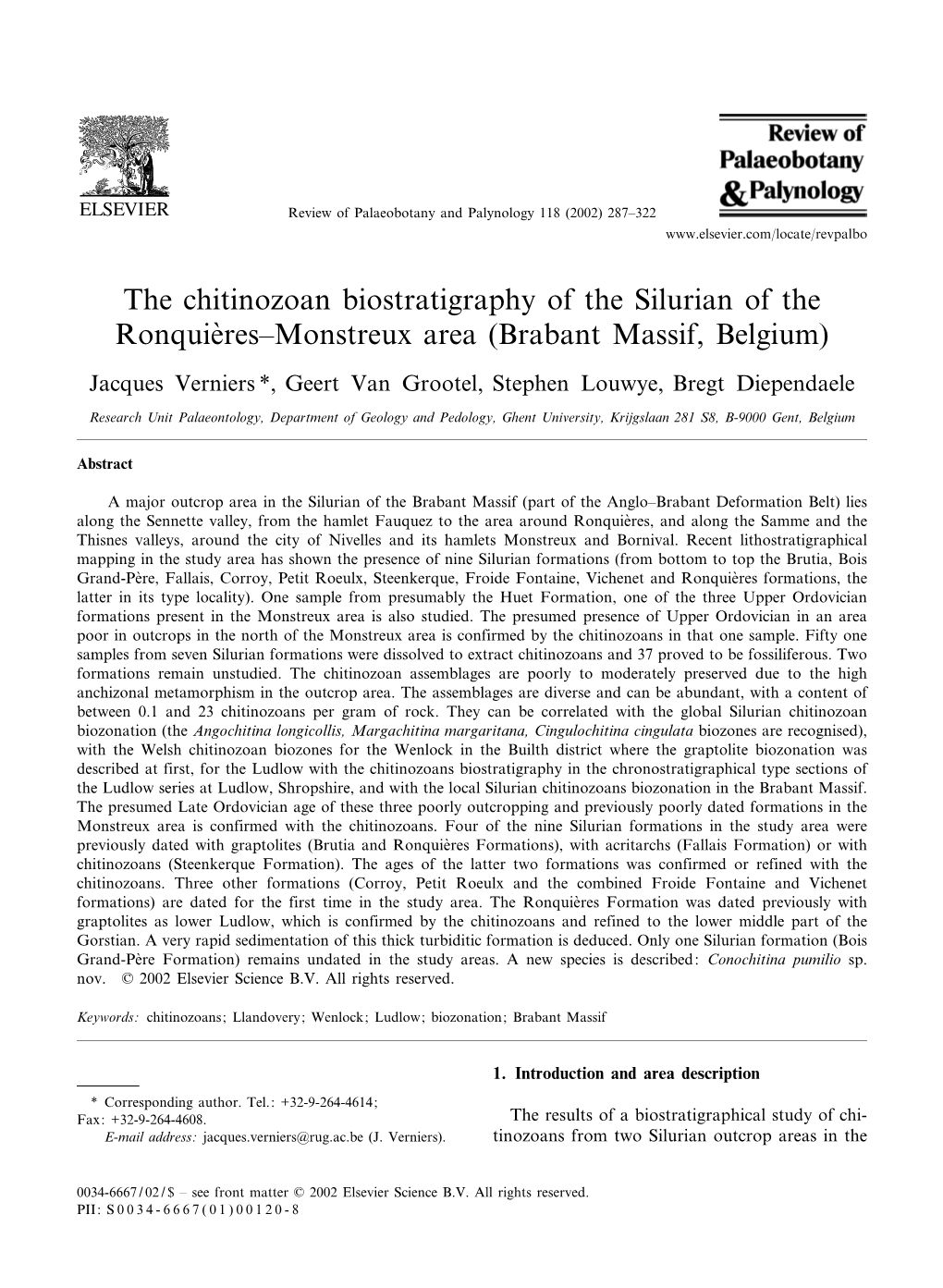 The Chitinozoan Biostratigraphy of the Silurian of the Ronquie'res^Monstreux Area (Brabant Massif, Belgium)