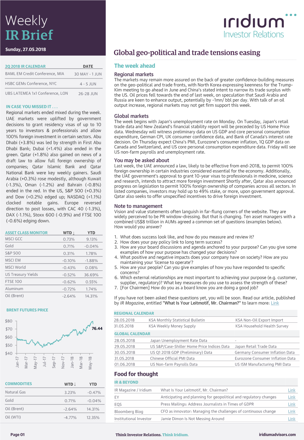 IR Brief Sunday, 27.05.2018 Global Geo-Political and Trade Tensions Easing