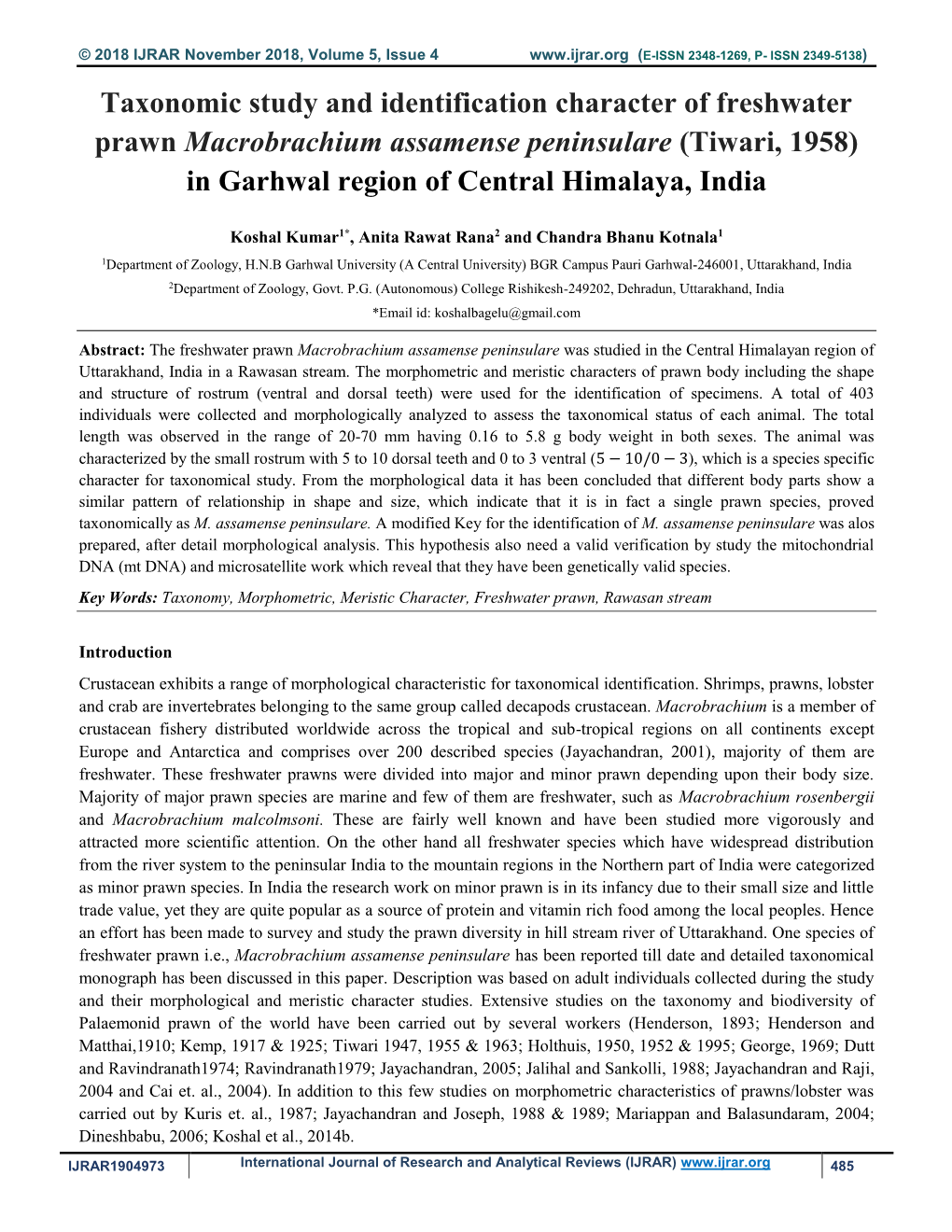 Taxonomic Study and Identification Character of Freshwater Prawn Macrobrachium Assamense Peninsulare (Tiwari, 1958) in Garhwal Region of Central Himalaya, India