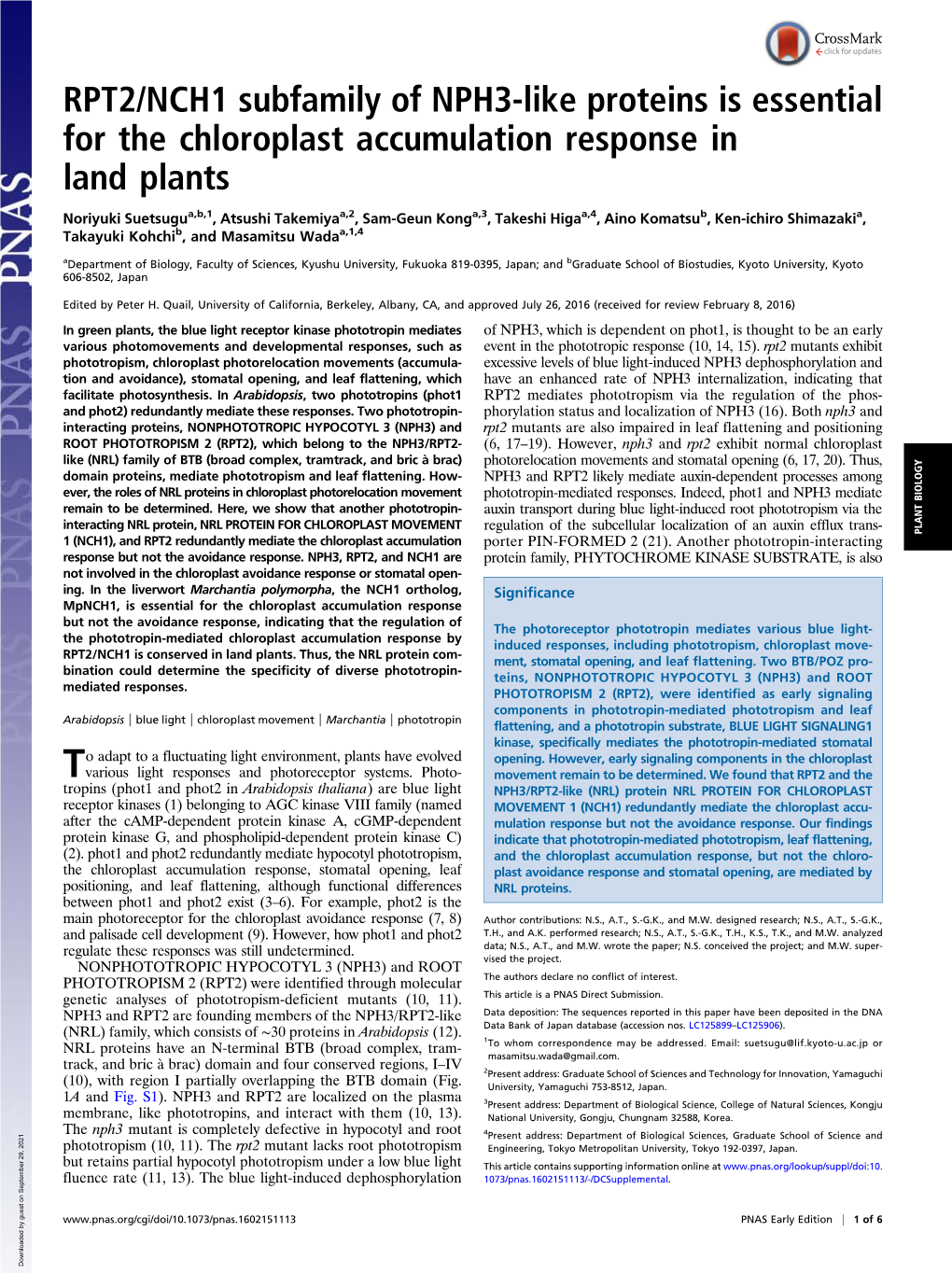 RPT2/NCH1 Subfamily of NPH3-Like Proteins Is Essential for the Chloroplast Accumulation Response in Land Plants