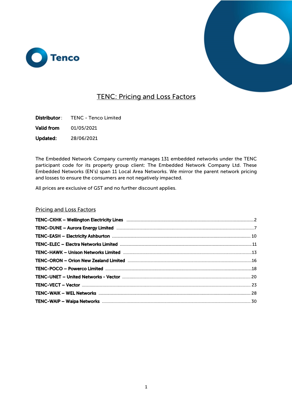 TENC: Pricing and Loss Factors