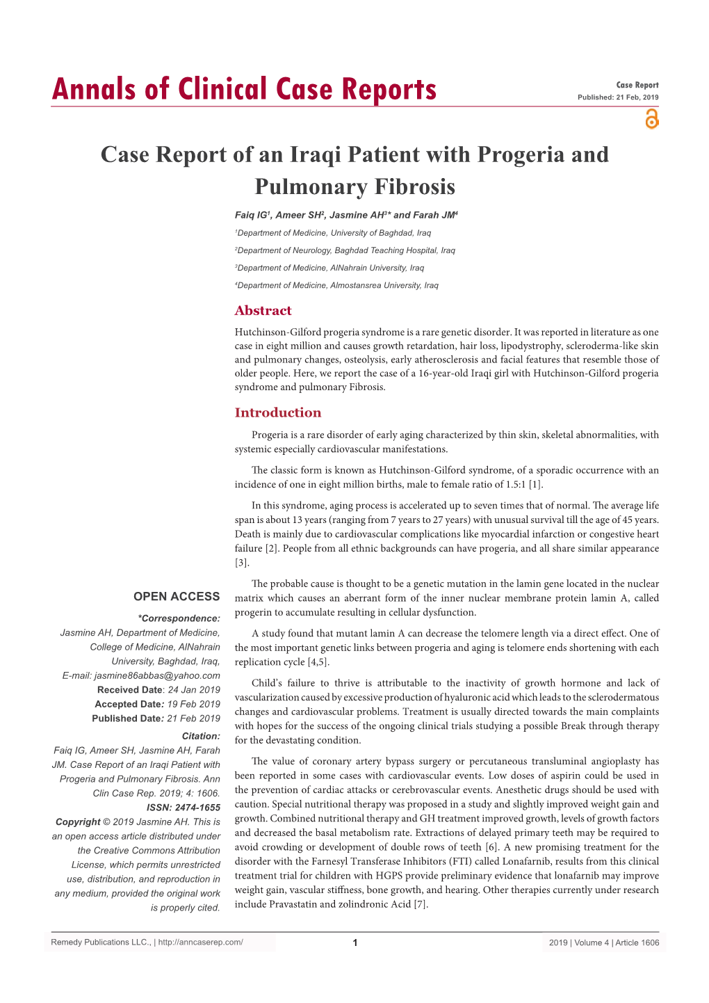 Case Report of an Iraqi Patient with Progeria and Pulmonary Fibrosis