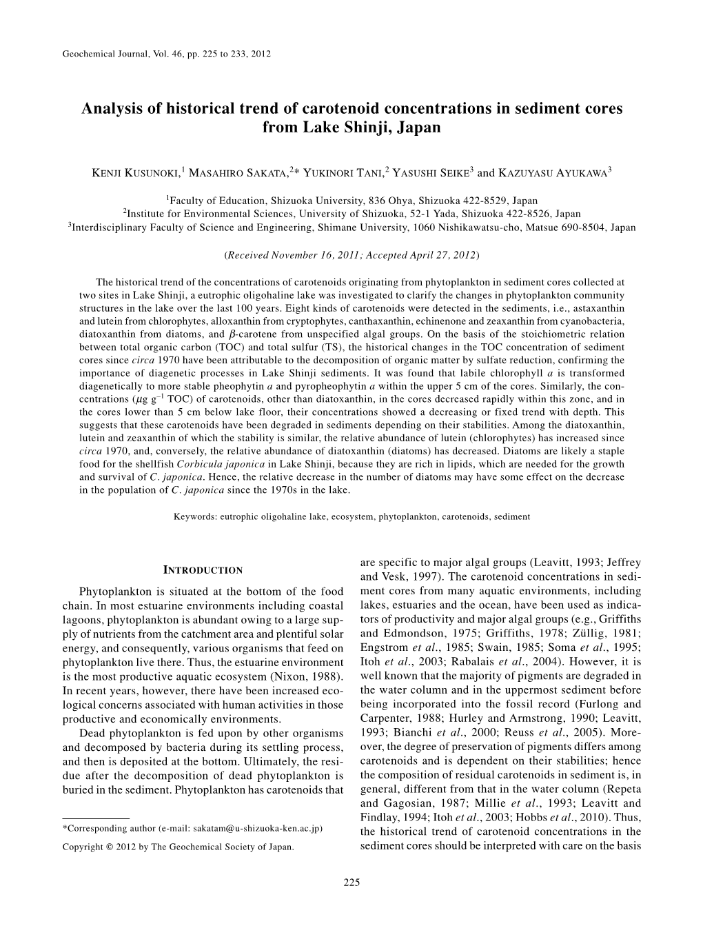 Analysis of Historical Trend of Carotenoid Concentrations in Sediment Cores from Lake Shinji, Japan