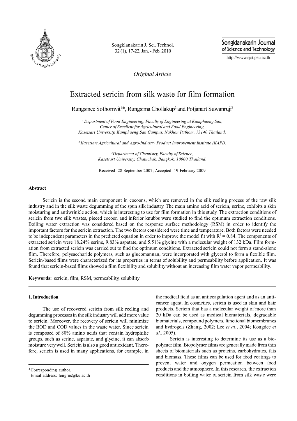 Extracted Sericin from Silk Waste for Film Formation