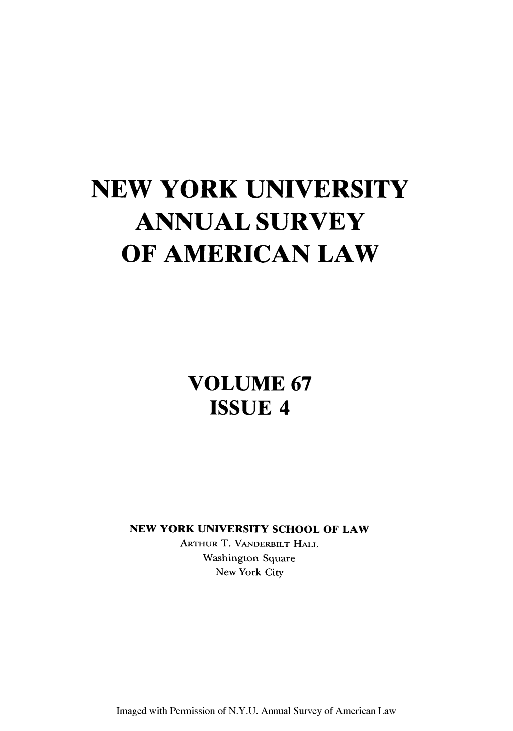 Hereof, Please Address Your Written Request to the New York University Annual Survey of American Law