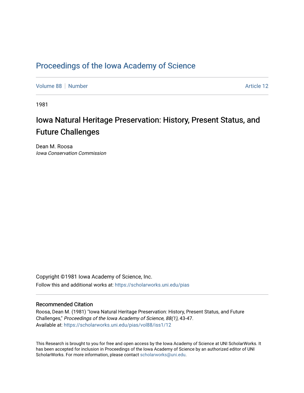 Iowa Natural Heritage Preservation: History, Present Status, and Future Challenges