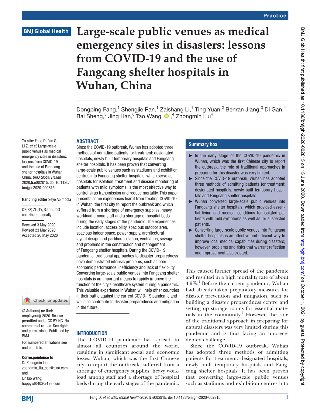 Large-Scale Public Venues As Medical Emergency Sites in Disasters: Lessons from COVID-19 and the Use of Fangcang Shelter Hospita