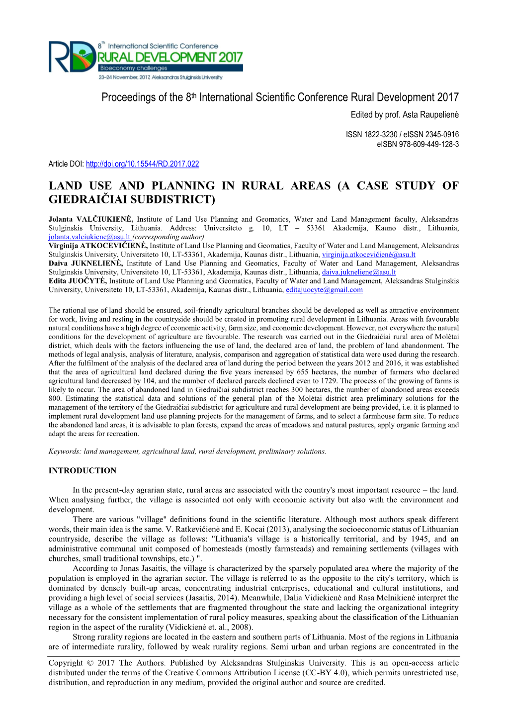 Proceedings of the 8Th International Scientific Conference Rural Development 2017 LAND USE and PLANNING in RURAL AREAS (A CASE S