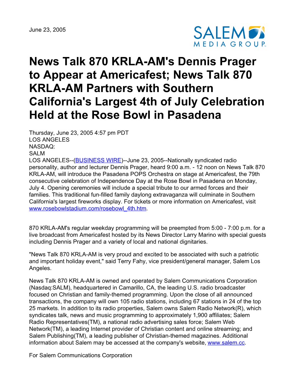 News Talk 870 KRLA-AM's Dennis Prager to Appear At