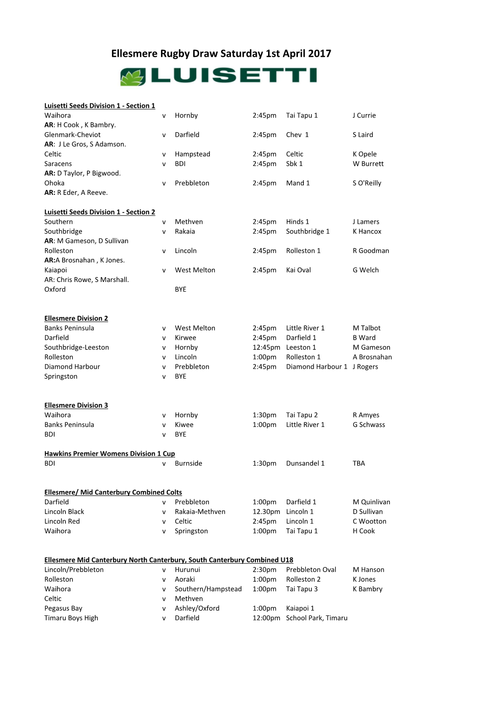 Ellesmere Rugby Draw Saturday 1St April 2017