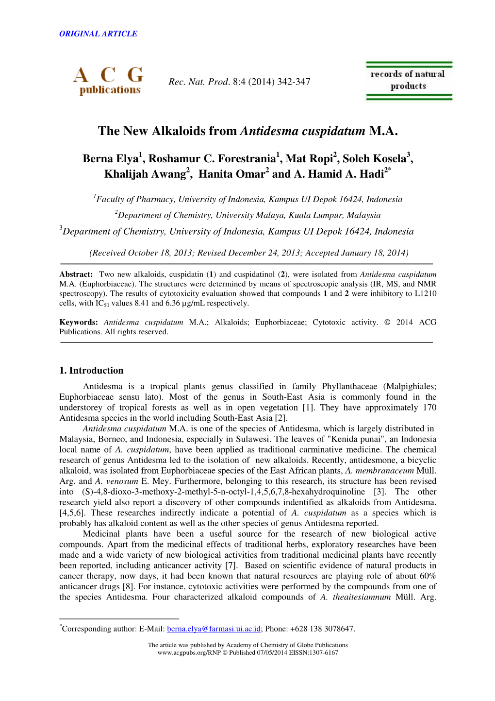 The New Alkaloids from Antidesma Cuspidatum M.A